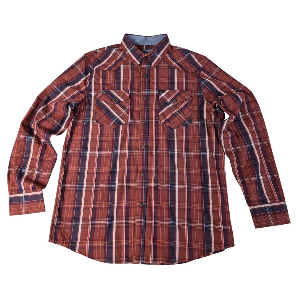 Lee Button Down Shirt Mens Large Regular Fit Plaid Red Blue Long Sleeve